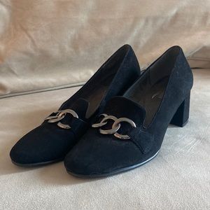 Black Aerosole low block heels with silver buckle details, size 9